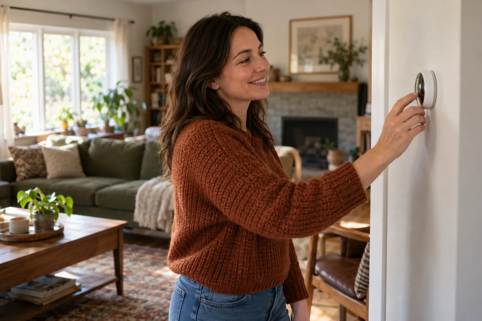 A homeowner checking a thermostat in a Yonkers home