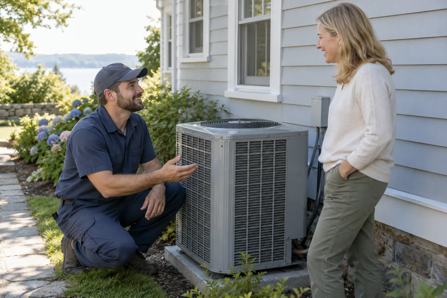 A friendly HVAC provider talking with a homeowner beside an air conditioner in Yonkers